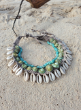 Crocheted hemp bib statement necklace with added /hand stitched  with Sliced Cowrie shells, Turbo shells and amazonite beads