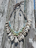 crocheted hem bib necklace with shell & amazonite beads embellishments