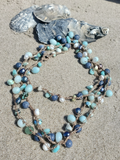 52" layering necklace with peacock and white pearls, crocheted