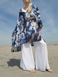 a very oversized a-linen button front linen shirt in earthy tie dye navy-lapis-khaki colors