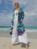 bright tie dye  cardigan with pockets, open front, midi length,  s-3xl
