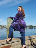 A back view of Ana, the cardigan looks great on her curvy shape. It is tie dye; First I add the black dye, then  I cover the remaining white areas with a pretty lavender shade to create this fab color combo.