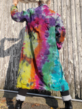 I'm showing off the back ofthe jacket, which hads all the rainbow colors; yellow-oj-pink-purple-green-jade and a bit of black color. The denim fabric has distressed areas, raw edges