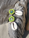 sliced shells, lime glass seed beads, brown hemp, sea sediment beads, leverback earring style