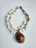 Tiger Cowrie Shell Pendant Choker with White Shell Clusters on Hemp