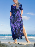 My sexy short sleeve dress with pockets, side slits, a feminine V-neckline,. This color combination here I dyed in black first, then filled up the remaining white areas with a lavender shade.