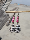 crocheted hemp decorated with pink opal beads, the shells are hung at the ends with a brass ring