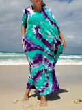 purple and aqua kaftan with an elastic under the chest
