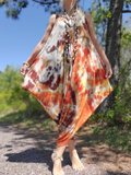 harem style adjustable spaghetti straps tie dye jumpsuit in bright earthy colors. one size - s-xl