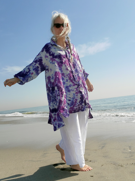 very oversized a-line button front collared linen shirt in purple tie dye - photo on the beach