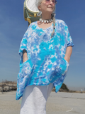 boxy one size linen tunic top tie dyed in pastel blues - I'm modeling it with the Large Moon Shells Choker!
