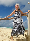 black sage tie dye line dress, halter style straps with brass ring details