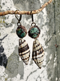 2-layer crocheted hemp base beaded with a flat African turquoise bead, attached natural MIRTA shell dangle earrings
