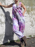 soft loose fit overalls with big patch pockets, adjustable straps, ice dyed in soft pink and grey shades