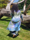 green blue ice dye basic cardigan, midi length, open front, patch pockets