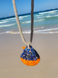 Lapis Lazuli Beaded Shell Pendant on Crocheted LINEN Rope