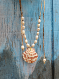 Small STRIPED Shell with Pearls Adjustable Necklace