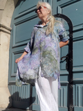 loose fit button front hi-low linen shirt in blue-green ice dye