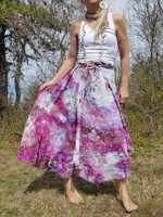 A pure linen maxi skirt with adjustable front ties a-symmetric hem  with ray fringy finish,  one size fits S-XL, hand dyed in pinks & purples