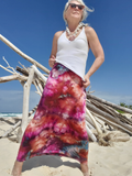 ice dye skirt in plum-dusty purple-rust colors maxi length, fold over waistband