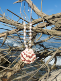 Striped shell pendant with knotted pearls on hemp cord adjustable choker necklace - with ties