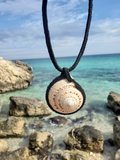 Shell pendant necklace with a beach background