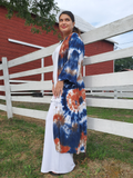 a side view of this tie dye style; colors rust-navy