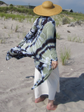 Beach photoshoot with my daughter Stephanie.  She's modeling my tie dye midi cardigan, along with a straw hat, a white tank and a maxi skirt. I hand dyed this combo in sage & black colors