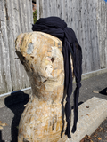 black color option, cotton gauze, raw edges, knots