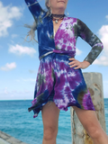 close up of the wrap cardigan; tie dye colors plum-olive-navy