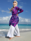 tie dye wrap cardigan with uneven hem, self belt tied in the back. Colors; navy-plum