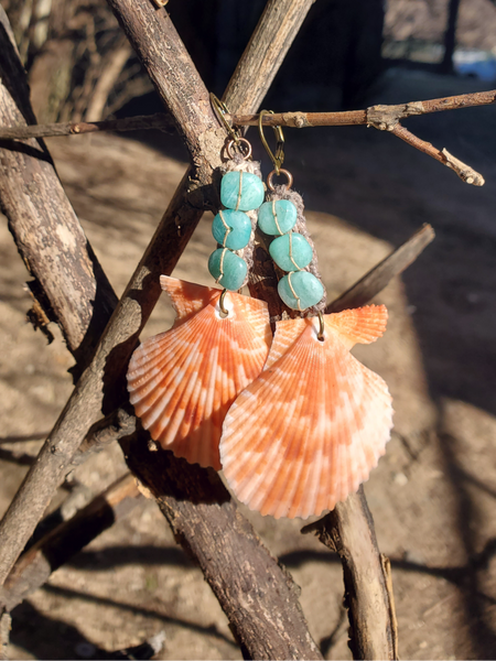 large shell dangle earrings, statement jewelry with amazonite beading on hemp