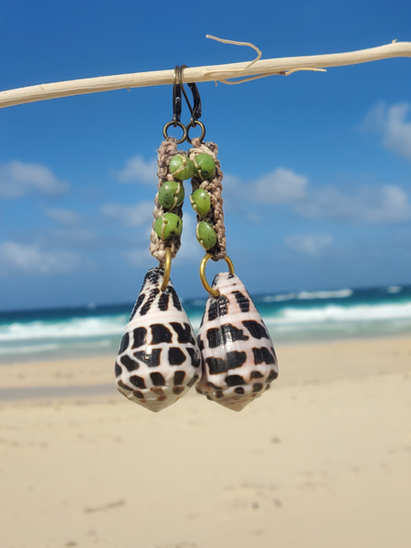 Hebrew cone shells with crocheted hemp and jade beads