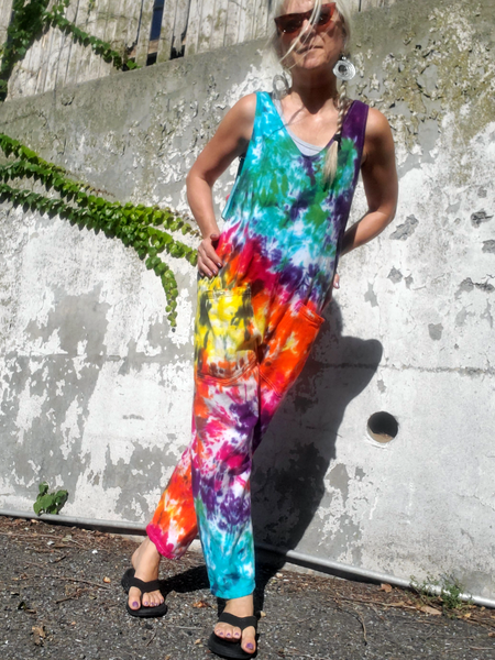 loose fit overalls in rainbow tie dye, big front pockets, adjustable straps, XS-2X