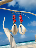 sliced cowrie shells with crocheted and coral beaded hemp dangles