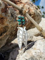 long white shells, cut, hemp, beads, lever back brass earring parts