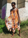 a raw  a-symmetrical hem loose dress with adjustable straps, tie dyed in bright earthy browns & oranges, one size, s-xl