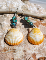 small orange shell earrings with hemp, beaded with real turquoise beads