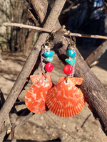 orange shells with crocheted and beaded hemp comportment, coral and sea sediment beads