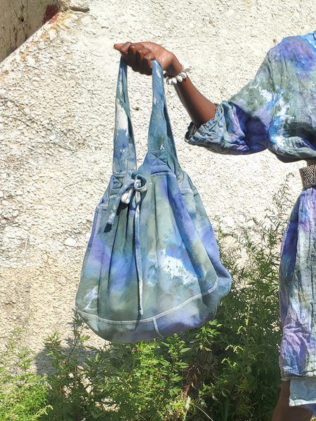 cute organic cotton hand bag with draw-string, woven handles, ice dyed in green & blue colors