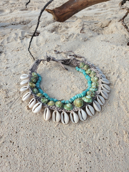 Crocheted hemp bib statement necklace with added /hand stitched  with Sliced Cowrie shells, Turbo shells and amazonite beads