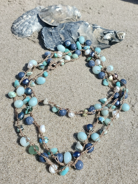 52" layering necklace with peacock and white pearls, crocheted