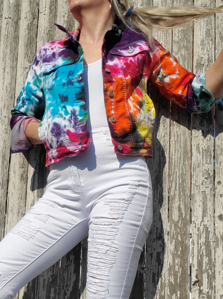 Cropped Rainbow Galaxy Tie Dye jacket with all the usual jacket features: collar, metal buttons, cuffs, chest pockets with button flaps, side pockets, and even inner front pockets! The 97% cotton stretchy fabric took the bright colors really well! They are very cheerful and vivid!