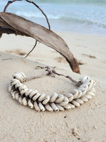 shell choker with ties - 2 rows of sliced cowrie shells worked on a variegated hemp cord