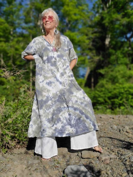 one size 3/4 sleeve v-neck linen dress in pastel tie dye
