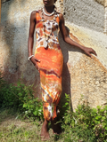 bright earthy tie dye bodycon maxi dress, modeled with some of my hell jewelry