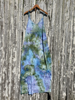 ice dye dress in greens & blues, adjustable spaghetti straps, size pockets, maxi length, soft rayon jersey fabric