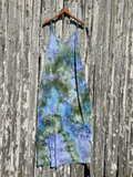 ice dye dress in greens & blues, adjustable spaghetti straps, size pockets, maxi length, soft rayon jersey fabric