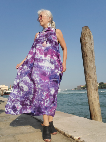 one size A-line linen dress with a high neck, button back, and side pockets. Purple tie dye