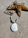 pearl abalone shell pendant with knotted  silver pears